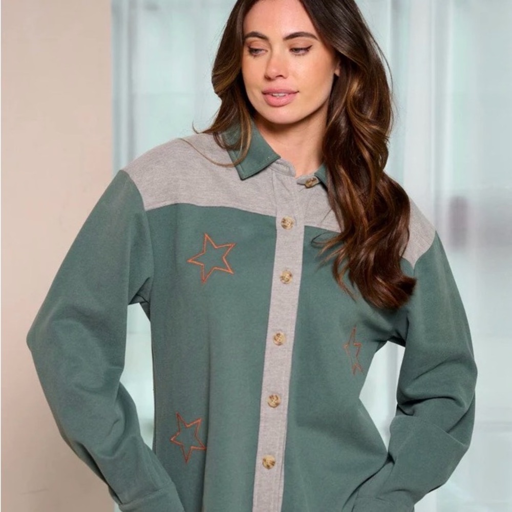 Mystree Colorblock Star Button-Front Shirt Jacket - Sage & Heather Gray